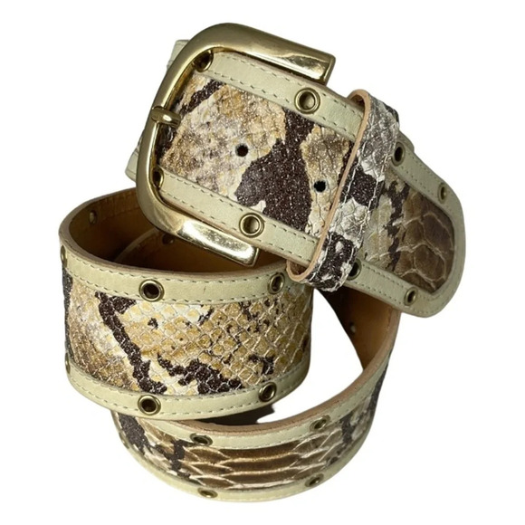 PUNTO FIBBIA Snakeskin Print Genuine Leather Wide Belt Rounded Gold Buckle L - Picture 2 of 10
